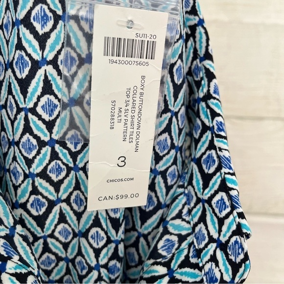 Chico’s Blue Geometric Print Button Front 3/4 Dolman Sleeve Blouse - Picture 8 of 9